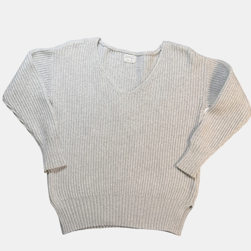 Paper Label‎ ribbed knit sweater V-neck pullover S/P soft gray marl wool blend